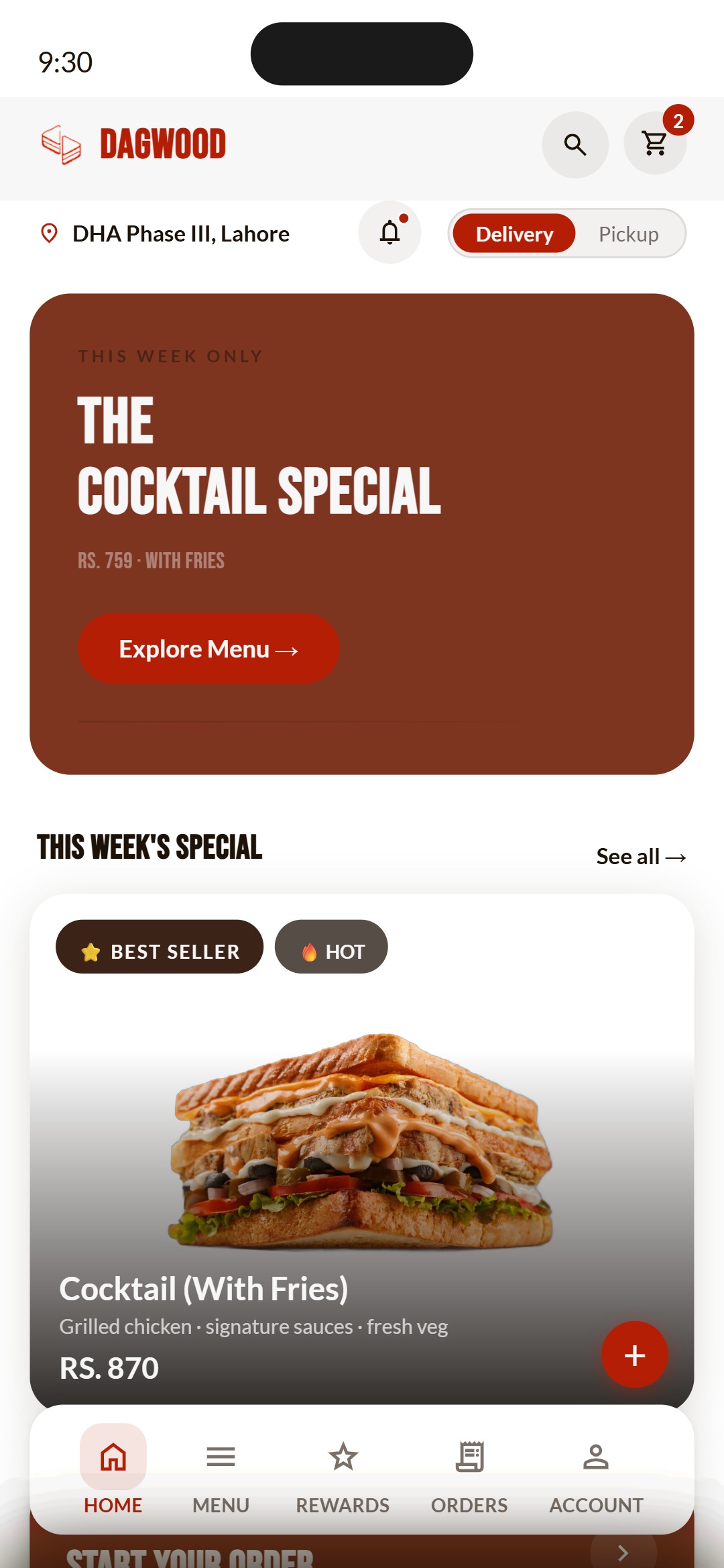 Home screen in the interactive prototype, showing the Cocktail Special hero banner, the location row with a delivery and pickup toggle, a featured Cocktail with Fries card and the five tab bottom navigation