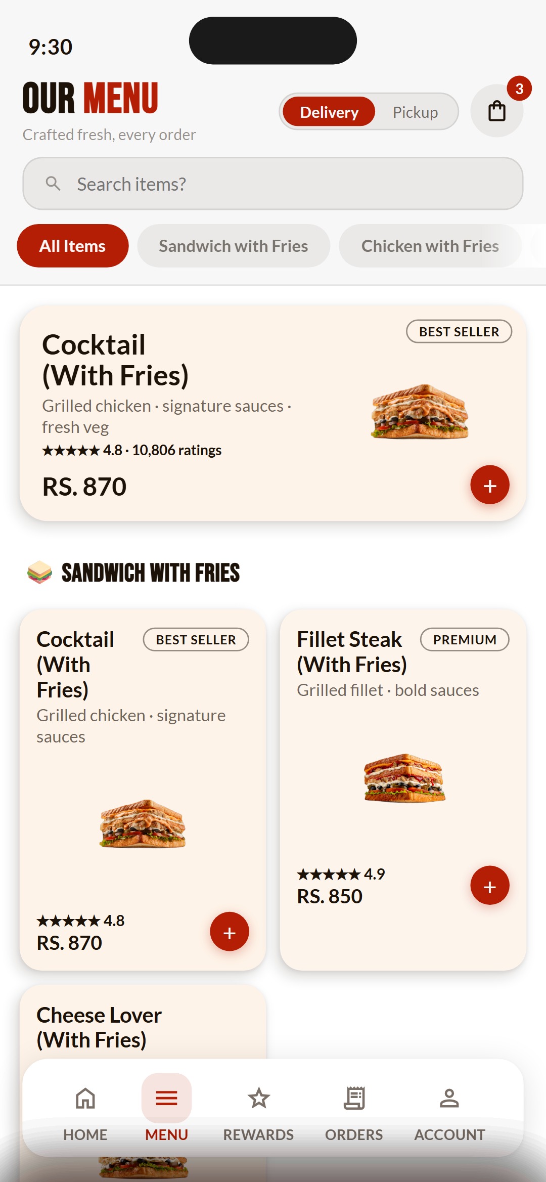 Menu screen with a search bar, scrollable category pills, a full width best seller card and a two column grid of items with star ratings and prices, above the bottom navigation