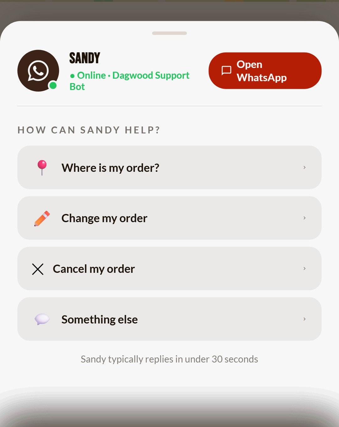 The Sandy support sheet in the app prototype: a WhatsApp avatar marked Online, Dagwood Support Bot, an Open WhatsApp button, and four quick options (where is my order, change my order, cancel my order, something else), above a note that Sandy typically replies in under thirty seconds