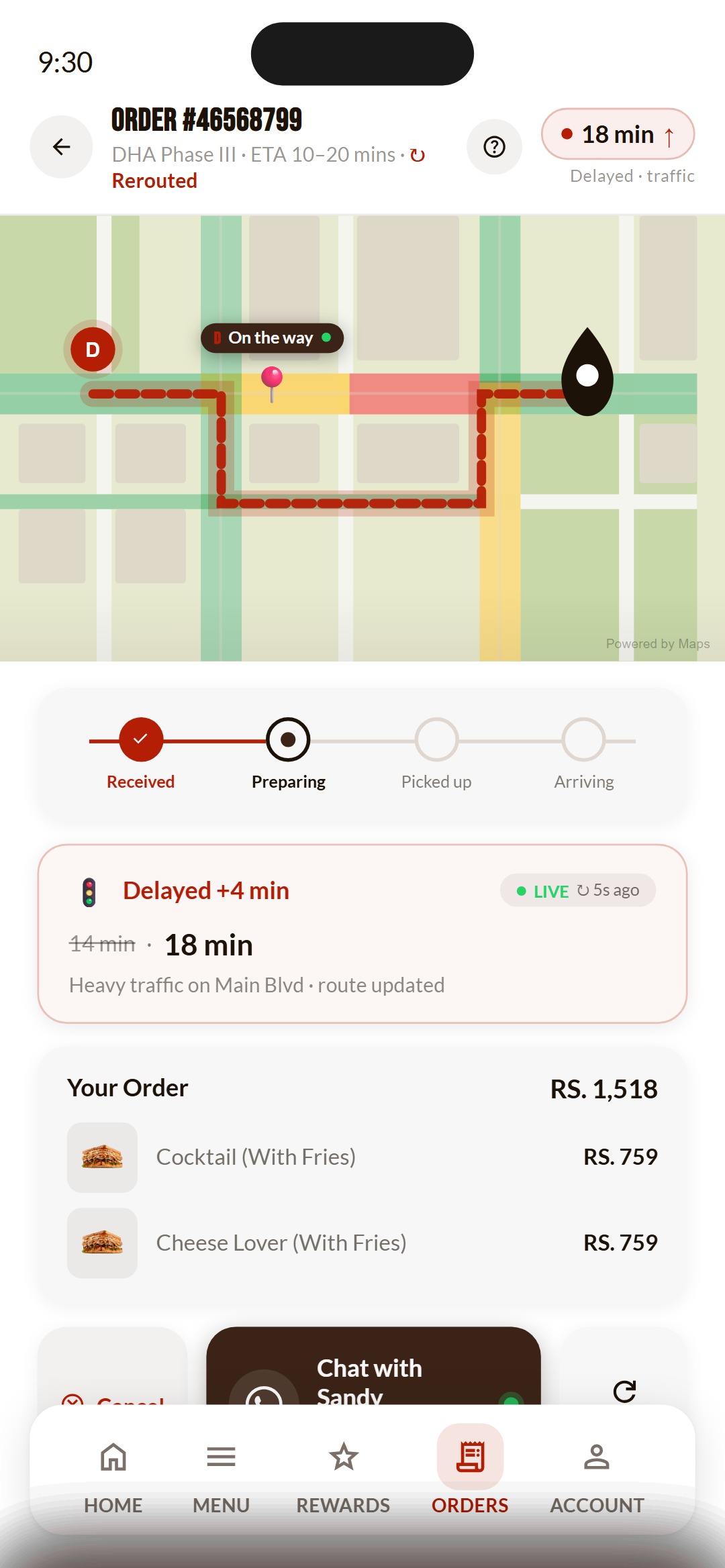 Order tracking screen with a live map and rider marker, a four step progress tracker, a delayed plus four minutes alert reading heavy traffic on Main Boulevard with the route updated, and the order summary with item prices
