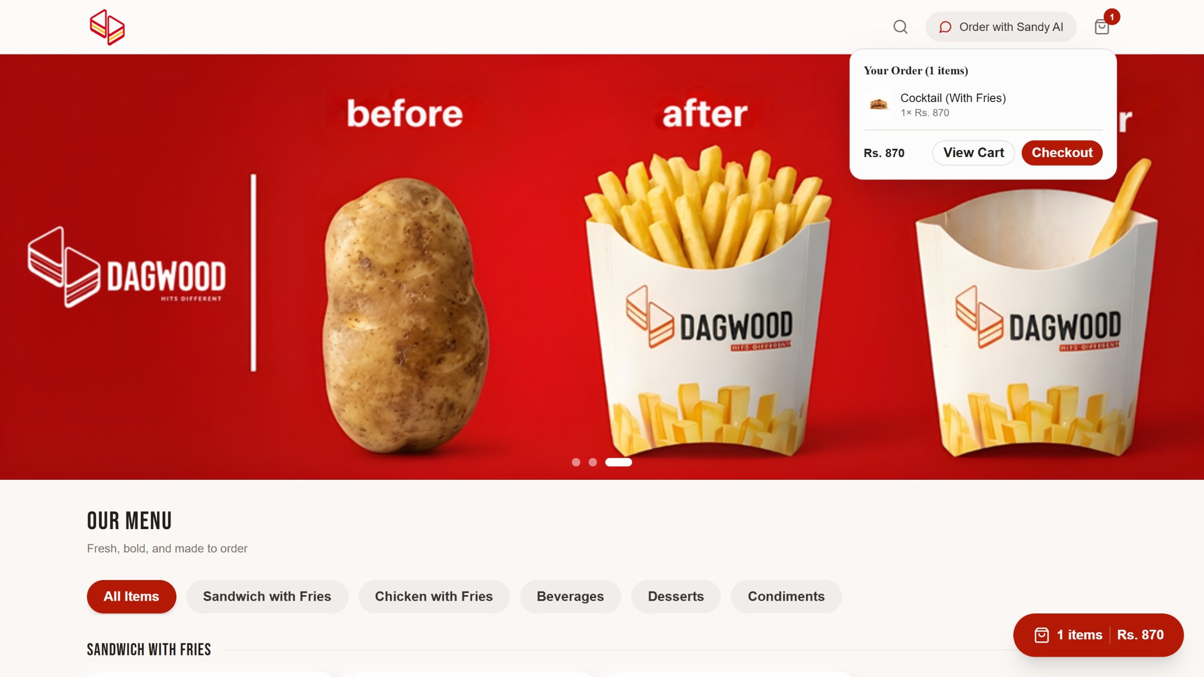 Cart popover opened from the header over the hero carousel, listing one item with its quantity and price, a running total, and view cart and checkout buttons, while a persistent items and total pill sits in the bottom right corner of the page