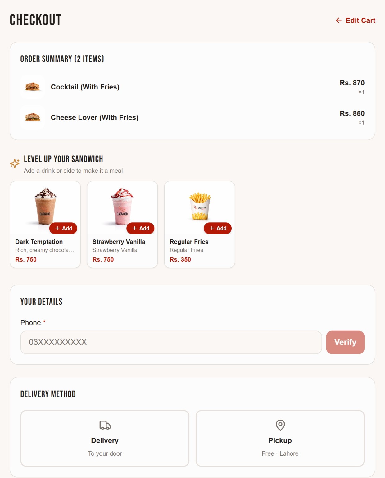 Checkout page from the title down: an order summary listing two sandwiches with prices, a level up your sandwich upsell strip offering two shakes and a side of fries, a your details card with a required phone field and a verify button, and a delivery method card offering delivery to your door or free pickup in Lahore