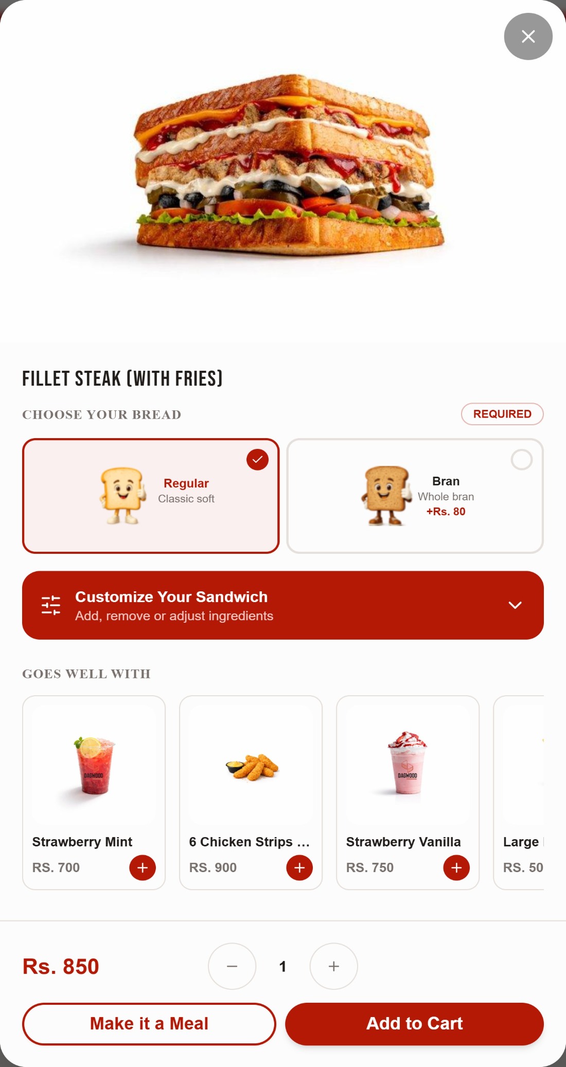 Item detail modal for Fillet Steak With Fries, showing the product photo, a required bread choice between regular and bran, a customise your sandwich panel for adding and removing ingredients, a goes well with upsell carousel, and the price with make it a meal and add to cart buttons
