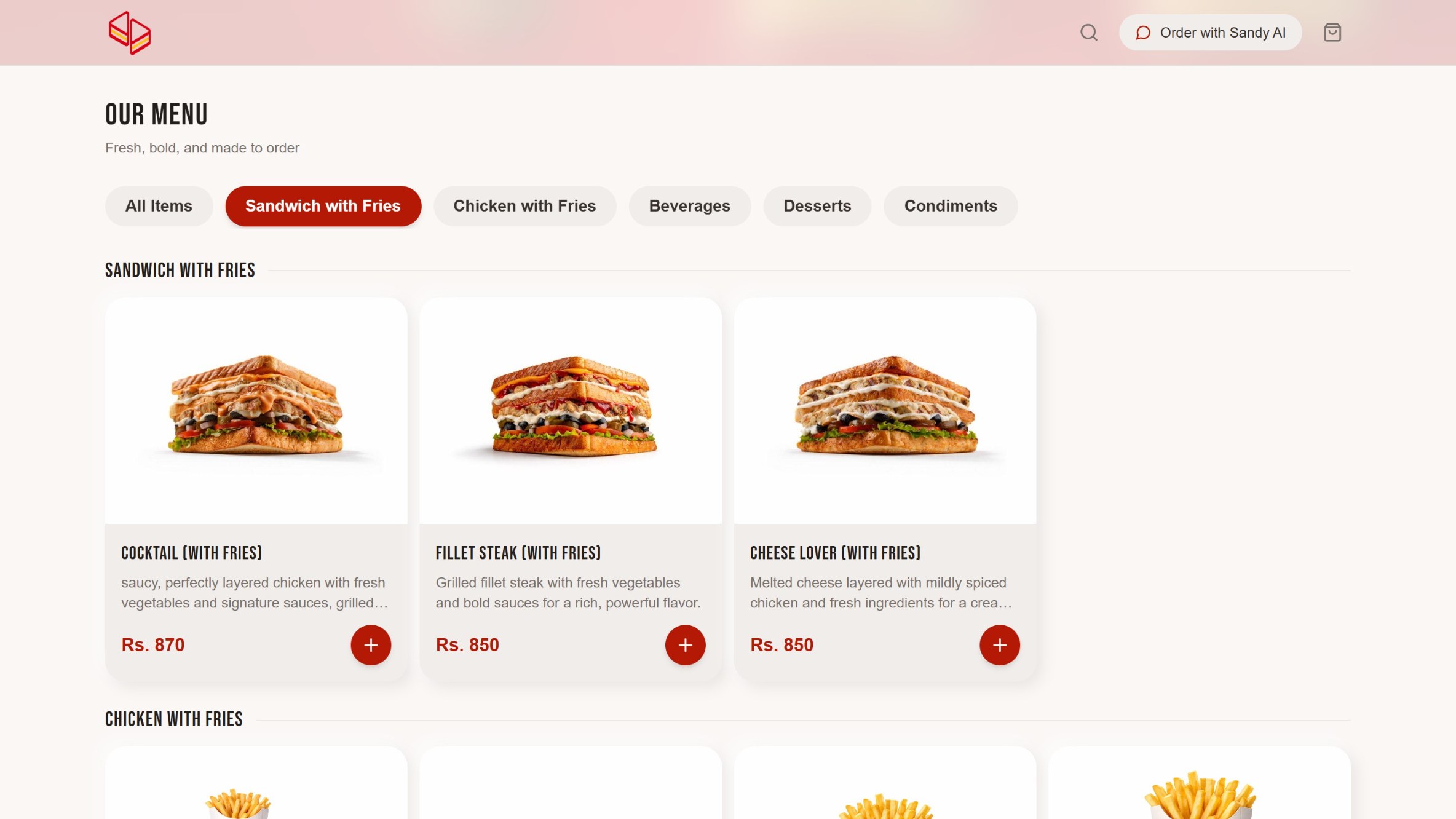 Dagwood website menu grid: an our menu heading, a row of category pills with sandwich with fries selected, and the matching sandwich with fries group below it showing three cards with product photo, name, description, price and an add button