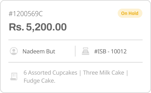 An order history card showing status, customer, register, and itemized line