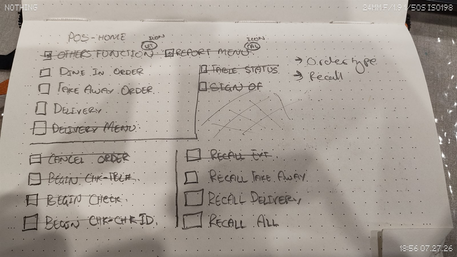 Hand sketched POS home menu tree covering dine in, take away, delivery, and recall paths