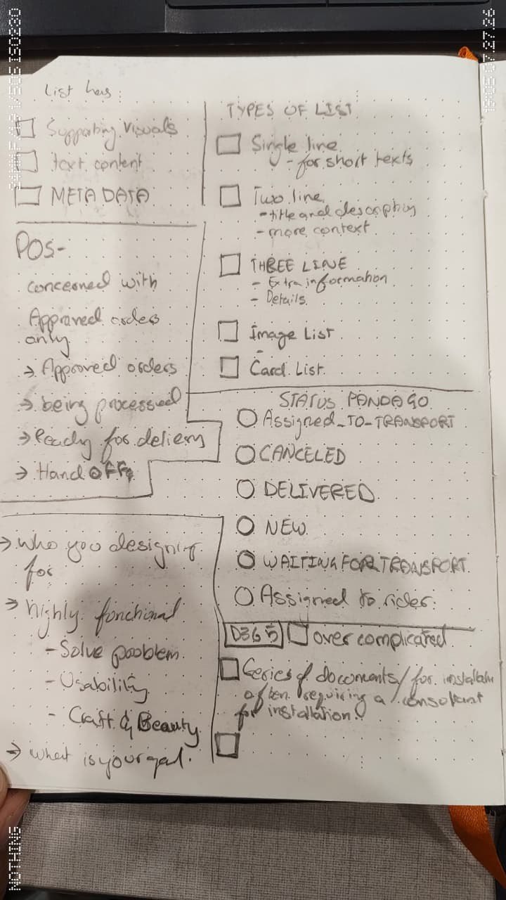 Handwritten spec for list view density, single line, two line, three line, card list, and image list, alongside the order status vocabulary: new, waiting for transport, assigned to transport, delivered, cancelled