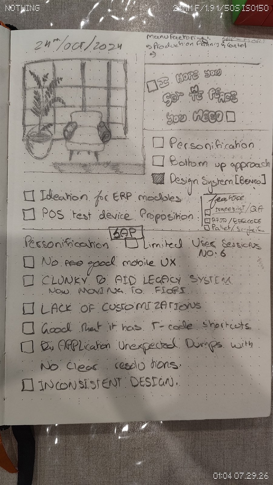 Handwritten audit of the legacy POS system, noting limited customization, inconsistent design, and the decision to move to a bento style design system