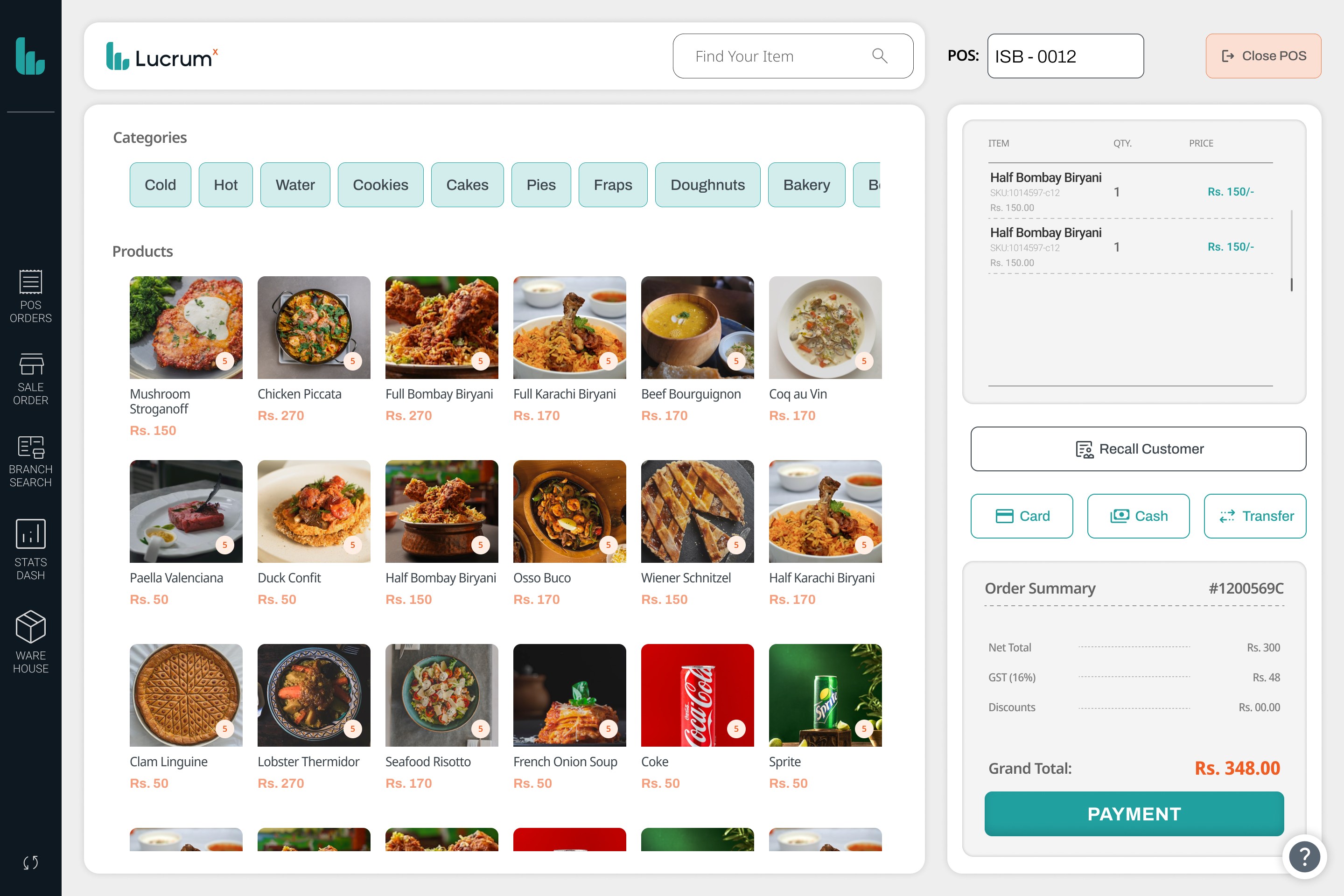 Lucrum POS register screen: category chips across the top, a grid of bakery and kitchen products with photos and prices, and a right rail holding the live cart, recall customer, card, cash and transfer options, and an order summary with GST and grand total