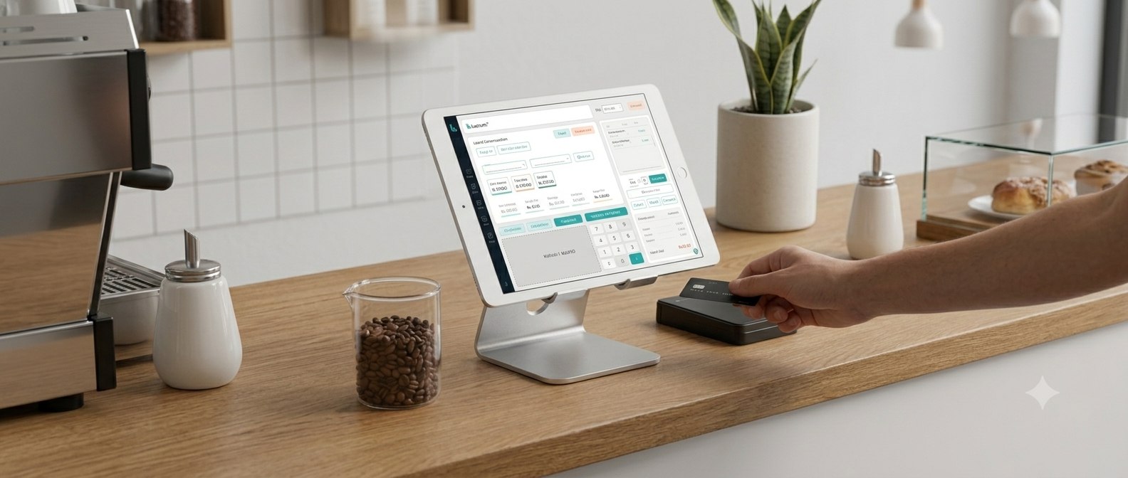 Lucrum POS running on a tablet at a café checkout counter, cashier tapping a card to pay