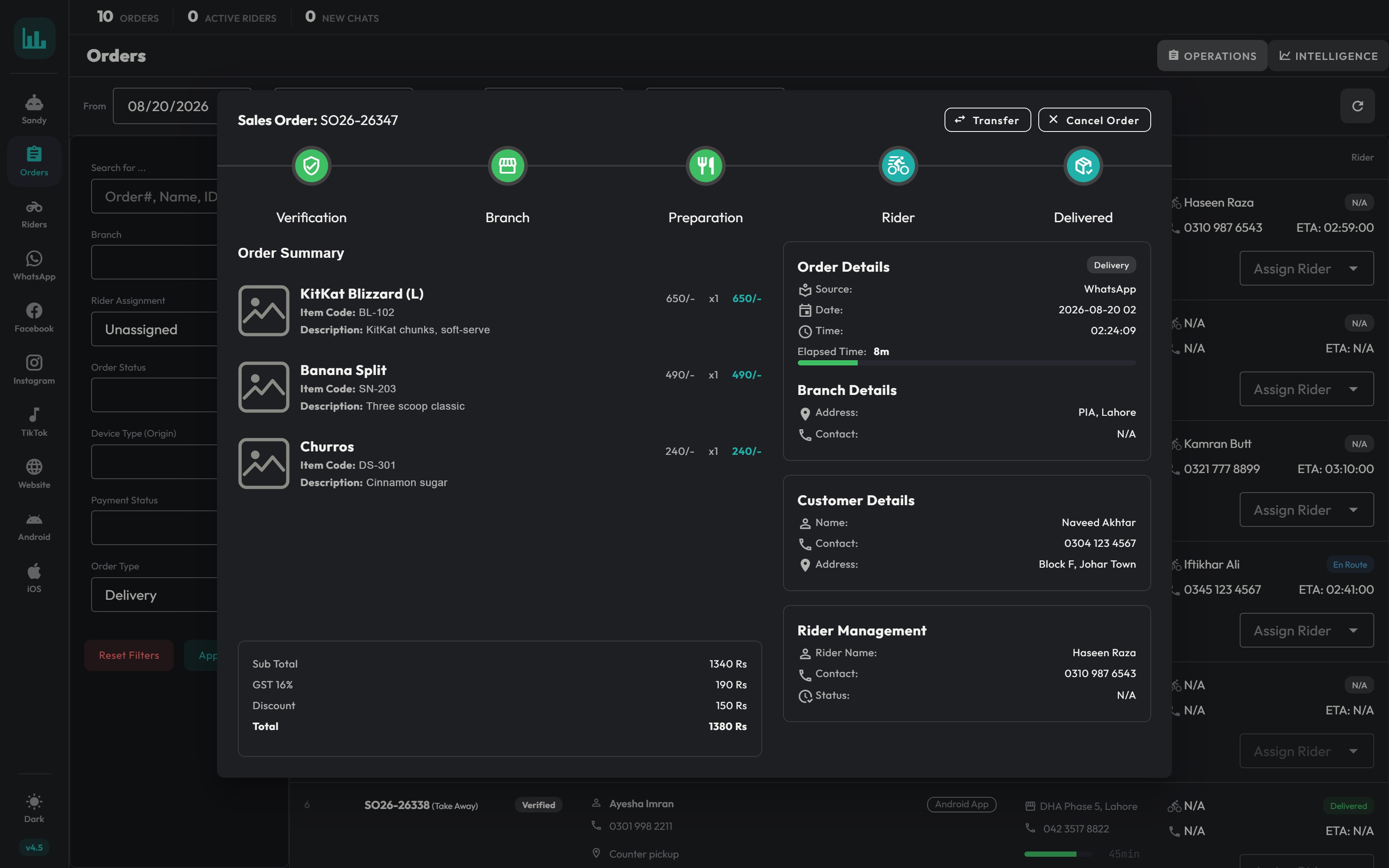 The order details panel over the queue: a five-stage tracker from verification through branch, preparation and rider to delivered; three item lines with codes, descriptions and prices; a money summary of subtotal, sixteen per cent GST, discount and total; and panels for order, branch, customer and rider with transfer and cancel actions