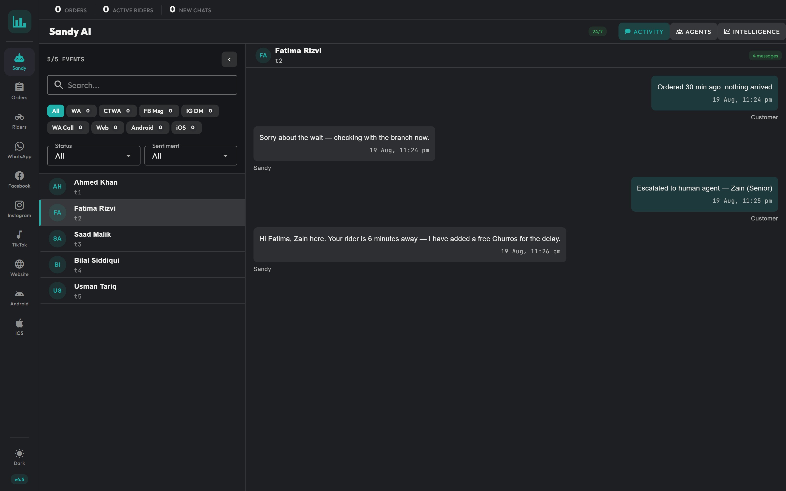 The AI chat agent view: a list of conversations filtered by channel, status and sentiment, with an open thread showing a customer asking about a menu item in mixed Urdu and English and the agent answering with prices and an order link