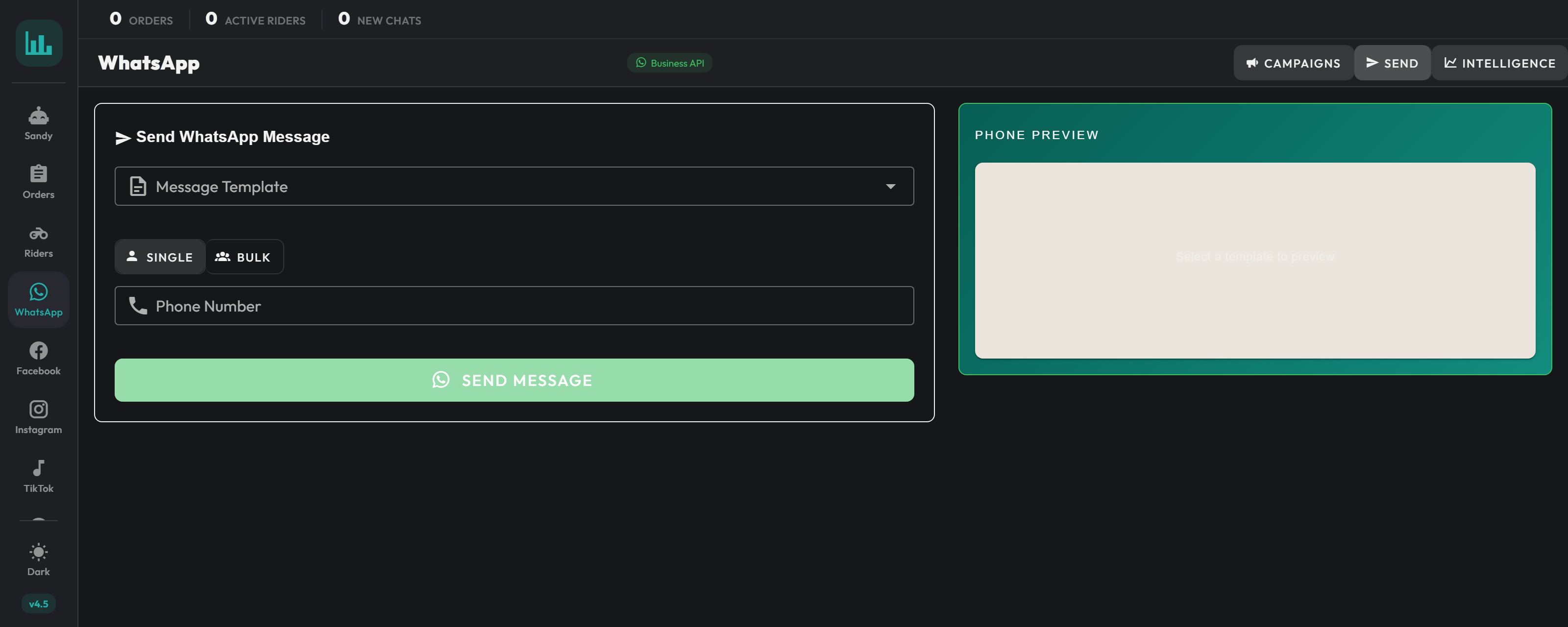 The WhatsApp send tab: a message template picker, a single-or-bulk recipient toggle, a phone number field and a send button, beside a phone preview panel waiting for a template to be chosen